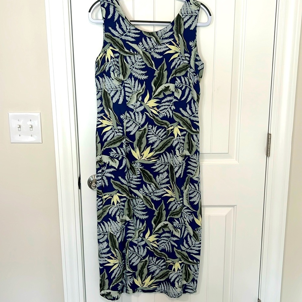 Sandwich Isle Sz L maxi blue with Bird of paradise, print, travel, vacation